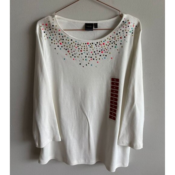 Rafaella Womens Snow White Sparkle Sweater Embellished Knit Top Pullover Sz XL - Picture 1 of 11